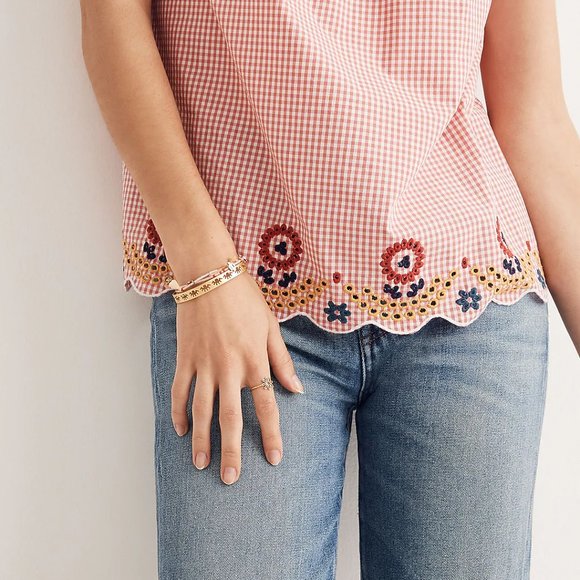 Madewell Embroidered Gingham Tank Top in Red and White with V-Neck, Size Small - Picture 4 of 9